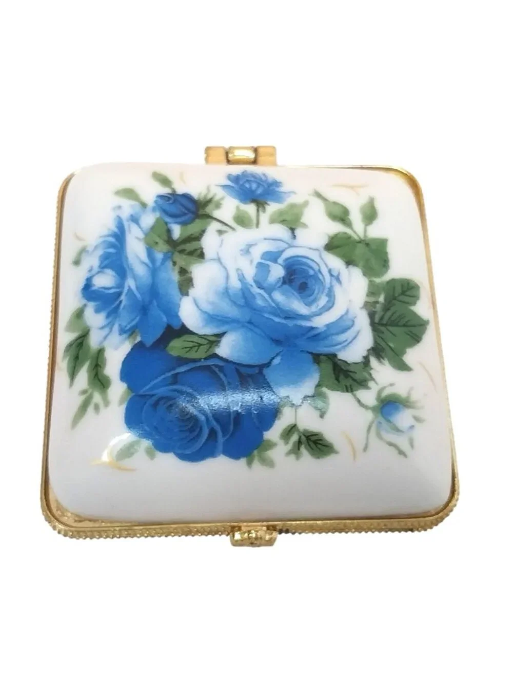 Porcelain Trinket Pill Box Blue Roses Floral Gold Trim Hinged Lid Square 2.25